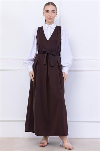 Kuşaklı Pileli Jile Elbise Kahverengi SS2736