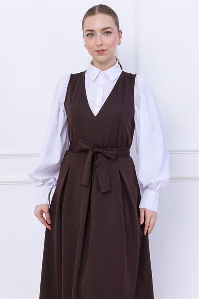 Kuşaklı Pileli Jile Elbise Kahverengi SS2736