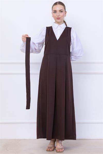 Kuşaklı Pileli Jile Elbise Kahverengi SS2736