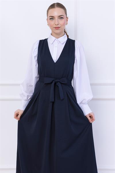 Kuşaklı Pileli Jile Elbise Lacivert SS2736
