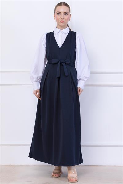 Kuşaklı Pileli Jile Elbise Lacivert SS2736