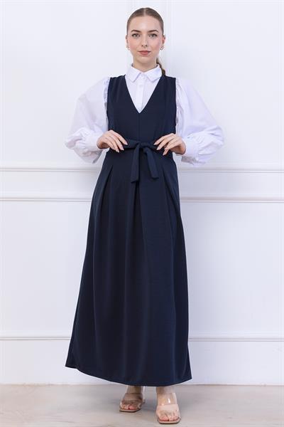 Kuşaklı Pileli Jile Elbise Lacivert SS2736