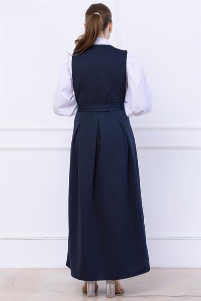 Kuşaklı Pileli Jile Elbise Lacivert SS2736