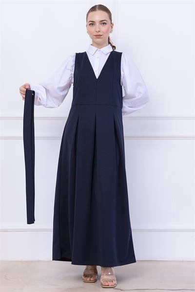 Kuşaklı Pileli Jile Elbise Lacivert SS2736