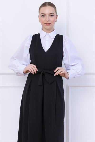 Kuşaklı Pileli Jile Elbise Siyah SS2736