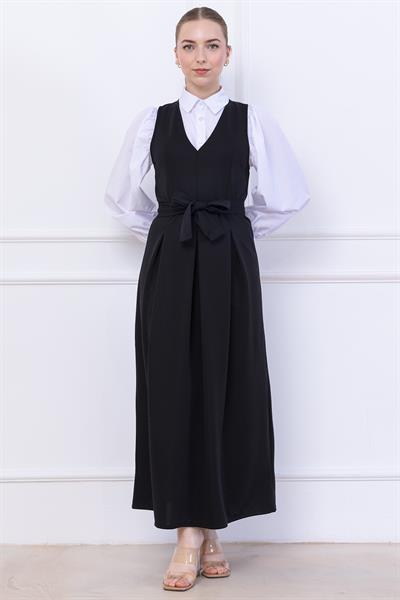 Kuşaklı Pileli Jile Elbise Siyah SS2736