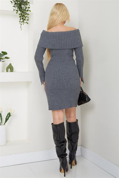 Madonna Yaka Fitilli Triko Elbise Füme SS2569