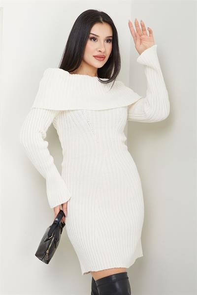 Madonna Yaka Fitilli Triko Elbise Krem SS2569