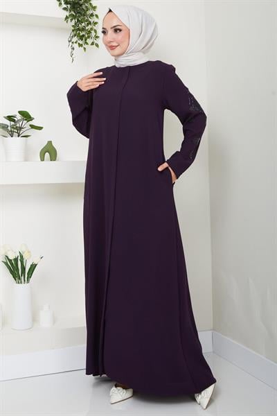 Nihan Kolları Taşlı Ferace Mürdüm HM2485