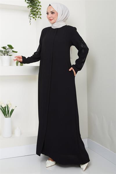 Nihan Kolları Taşlı Ferace Siyah HM2485