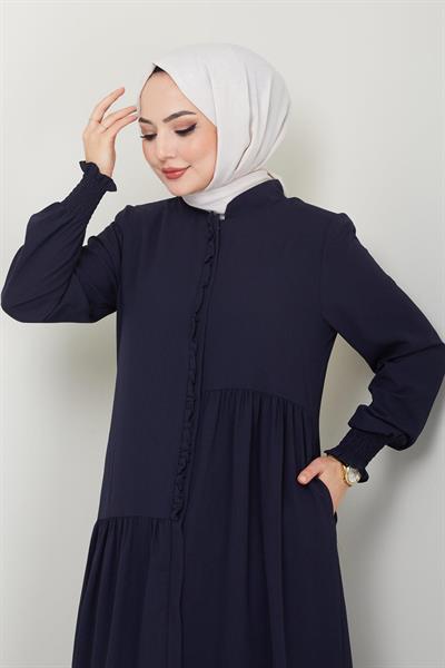 Önü Fırfırlı Asimetrik Kesim Ferace Lacivert HM2378