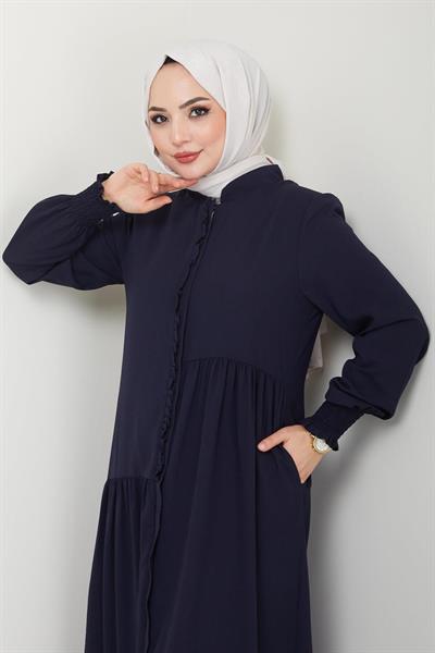 Önü Fırfırlı Asimetrik Kesim Ferace Lacivert HM2378