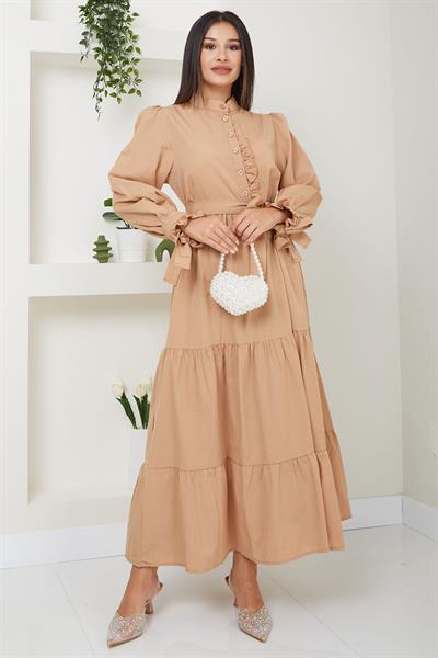 Önü Fırfırlı Kolu Bağlamalı Elbise Camel SS2078
