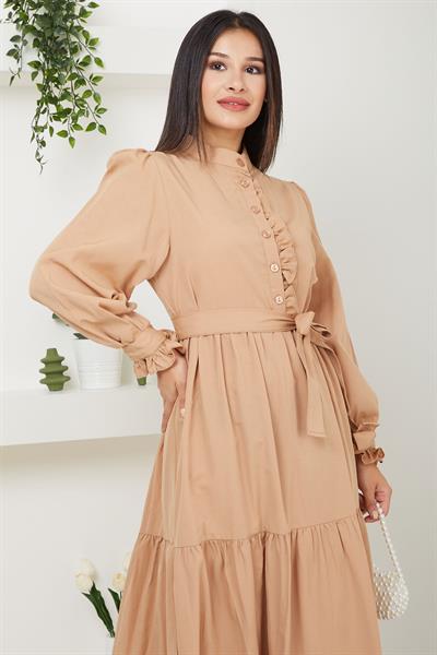 Önü Fırfırlı Kolu Bağlamalı Elbise Camel SS2078