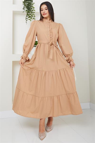Önü Fırfırlı Kolu Bağlamalı Elbise Camel SS2078