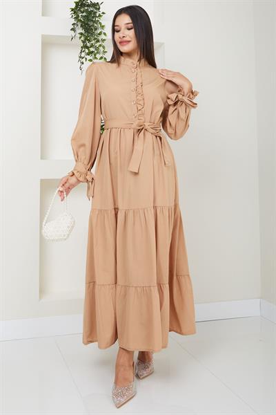 Önü Fırfırlı Kolu Bağlamalı Elbise Camel SS2078
