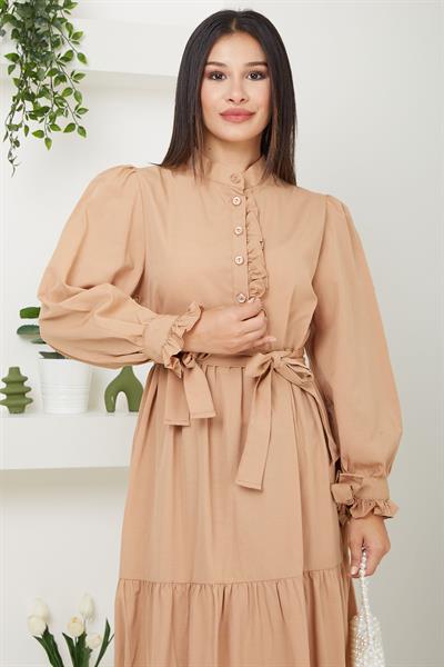 Önü Fırfırlı Kolu Bağlamalı Elbise Camel SS2078