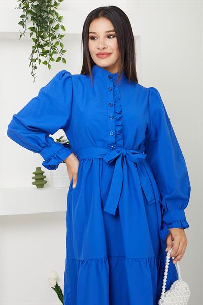 Önü Fırfırlı Kolu Bağlamalı Elbise İndigo SS2078