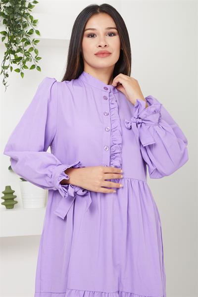 Önü Fırfırlı Kolu Bağlamalı Elbise Lila SS2078