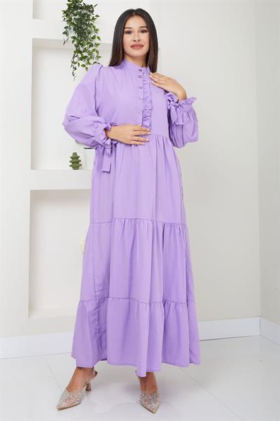 Önü Fırfırlı Kolu Bağlamalı Elbise Lila SS2078