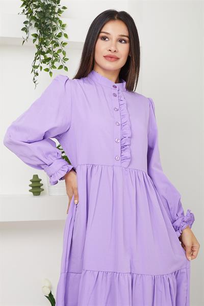 Önü Fırfırlı Kolu Bağlamalı Elbise Lila SS2078