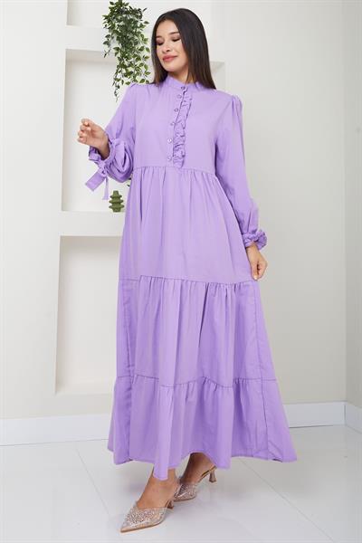 Önü Fırfırlı Kolu Bağlamalı Elbise Lila SS2078