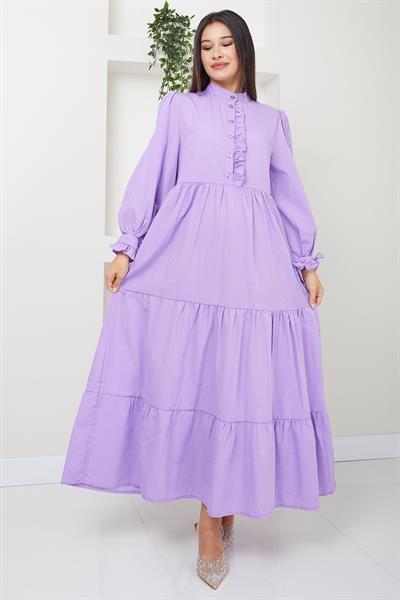 Önü Fırfırlı Kolu Bağlamalı Elbise Lila SS2078