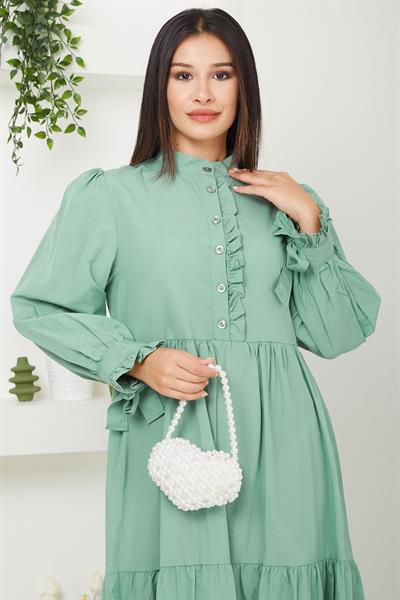 Önü Fırfırlı Kolu Bağlamalı Elbise Mint SS2078