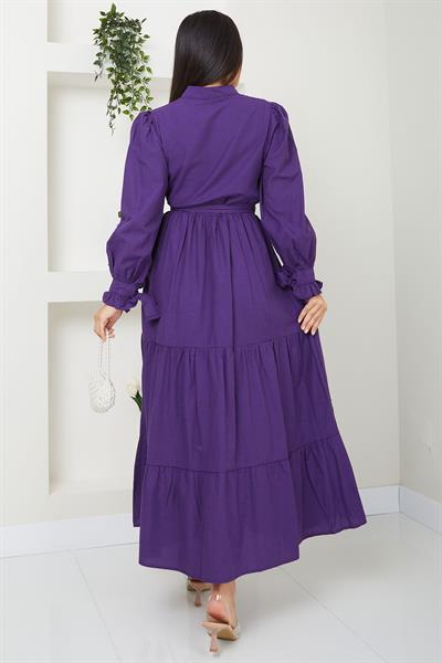 Önü Fırfırlı Kolu Bağlamalı Elbise Mor SS2078