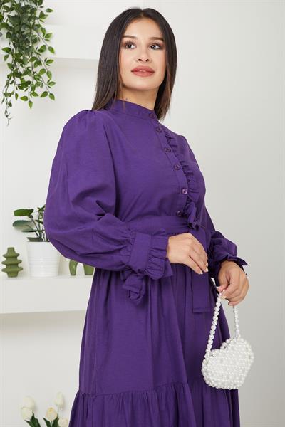 Önü Fırfırlı Kolu Bağlamalı Elbise Mor SS2078