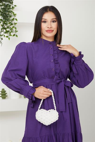 Önü Fırfırlı Kolu Bağlamalı Elbise Mor SS2078