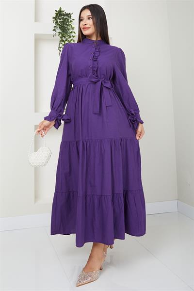 Önü Fırfırlı Kolu Bağlamalı Elbise Mor SS2078
