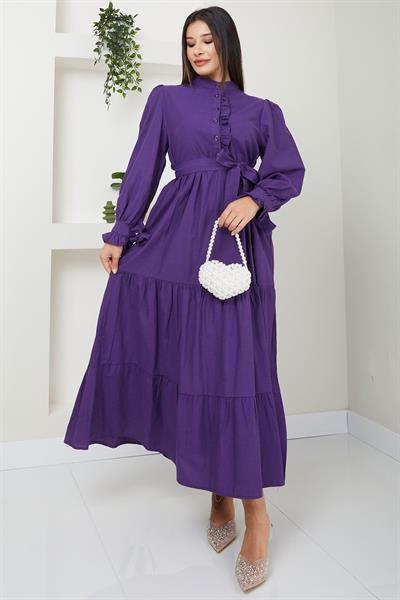 Önü Fırfırlı Kolu Bağlamalı Elbise Mor SS2078