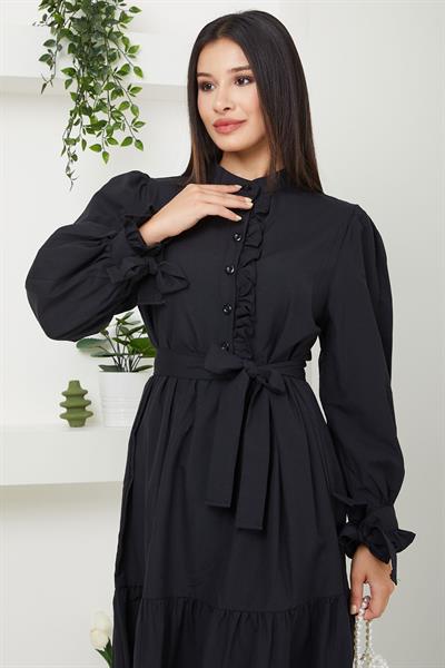Önü Fırfırlı Kolu Bağlamalı Elbise Siyah SS2078
