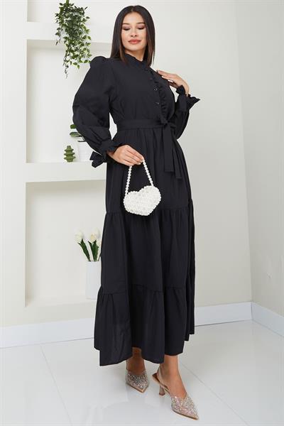 Önü Fırfırlı Kolu Bağlamalı Elbise Siyah SS2078
