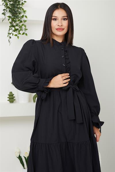 Önü Fırfırlı Kolu Bağlamalı Elbise Siyah SS2078