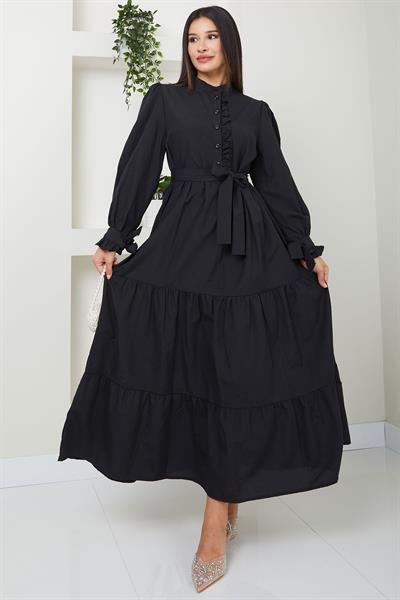 Önü Fırfırlı Kolu Bağlamalı Elbise Siyah SS2078