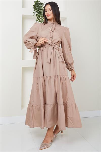 Önü Fırfırlı Kolu Bağlamalı Elbise Vizon SS2078