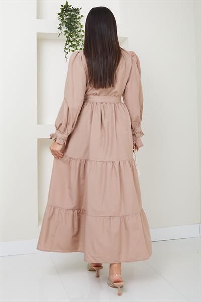 Önü Fırfırlı Kolu Bağlamalı Elbise Vizon SS2078