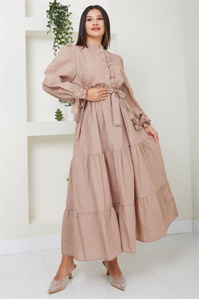 Önü Fırfırlı Kolu Bağlamalı Elbise Vizon SS2078