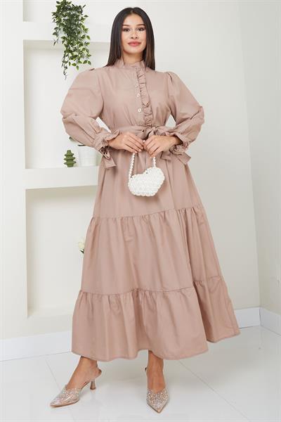 Önü Fırfırlı Kolu Bağlamalı Elbise Vizon SS2078