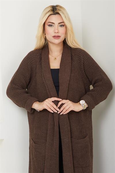 Şal Yaka Cepli Triko Hırka Kahverengi SS2243