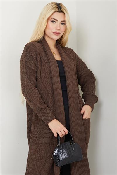 Şal Yaka Cepli Triko Hırka Kahverengi SS2534