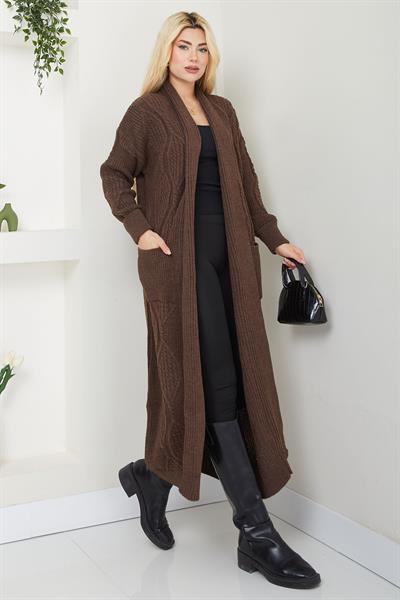 Şal Yaka Cepli Triko Hırka Kahverengi SS2534