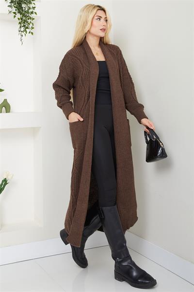 Şal Yaka Cepli Triko Hırka Kahverengi SS2534