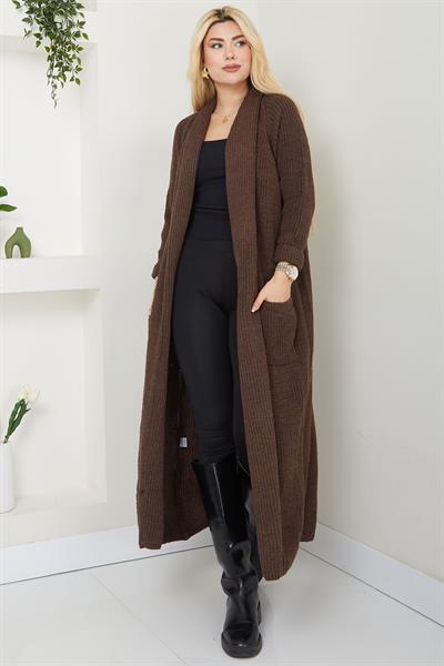 Şal Yaka Cepli Triko Hırka Kahverengi SS2243