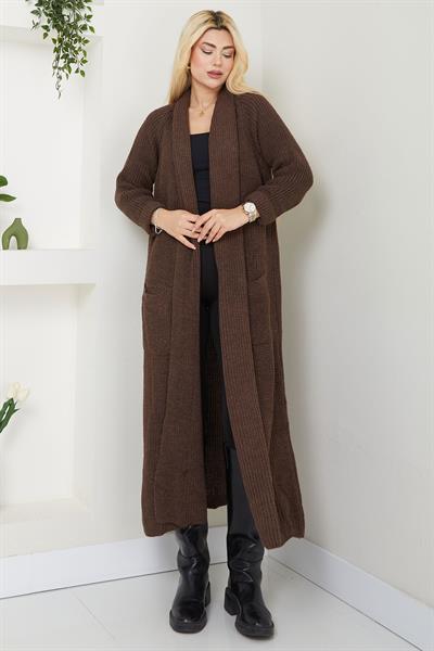 Şal Yaka Cepli Triko Hırka Kahverengi SS2243