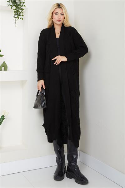 Şal Yaka Cepli Triko Hırka Siyah SS2534