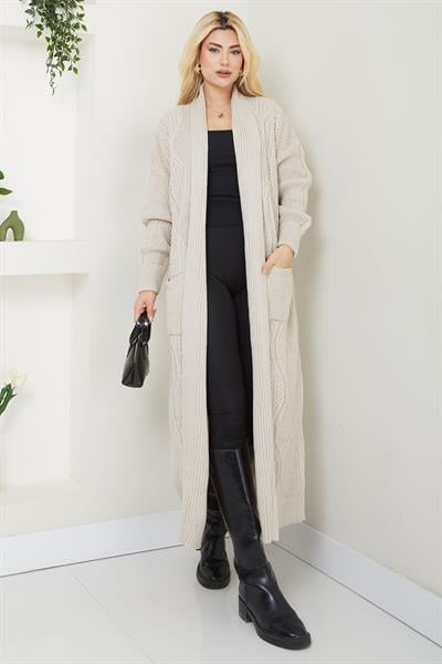 Şal Yaka Cepli Triko Hırka Taş Rengi SS2534