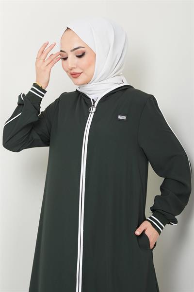 Şeritli Biye Detaylı Ferace Haki HM2151